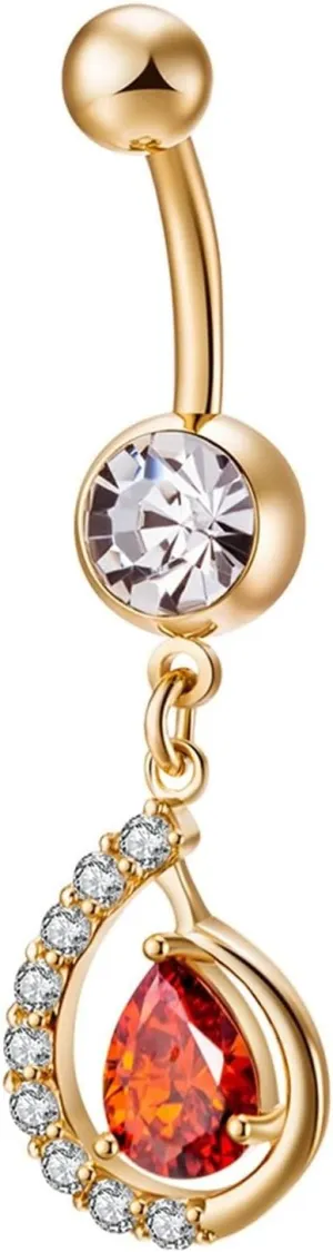 Belly Button Rings for Women, Belly Rings for Women Belly Rings Surgical Steel Dangling Red Cubic Zirconia Water Drop Gold Navel Rings for Women