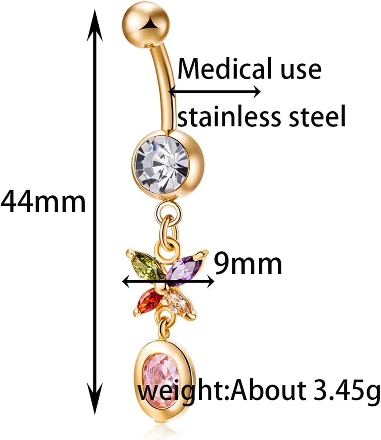 Belly Rings for Women, Butterfly Belly Ring Cubic Zirconia Gold Surgical Steel Butterfly 3.45G for Women Girls Body Piercing Jewelry