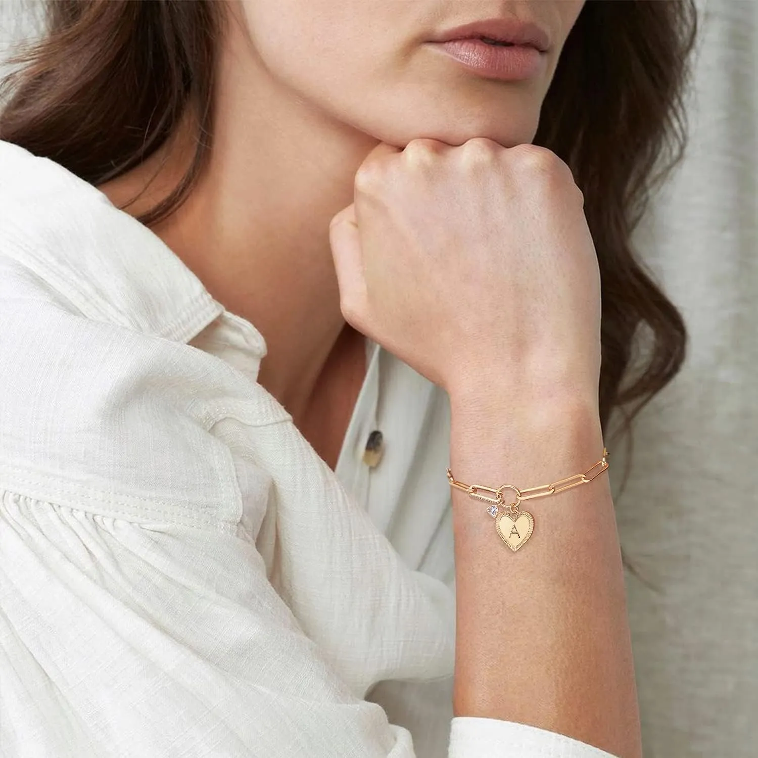 Bemoly Gold Bracelets for Women Dainty Initial Heart Paperclip Letter Bracelet Link Jewelry 14k Gold Plated Chunky Chain Friendship Bracelet