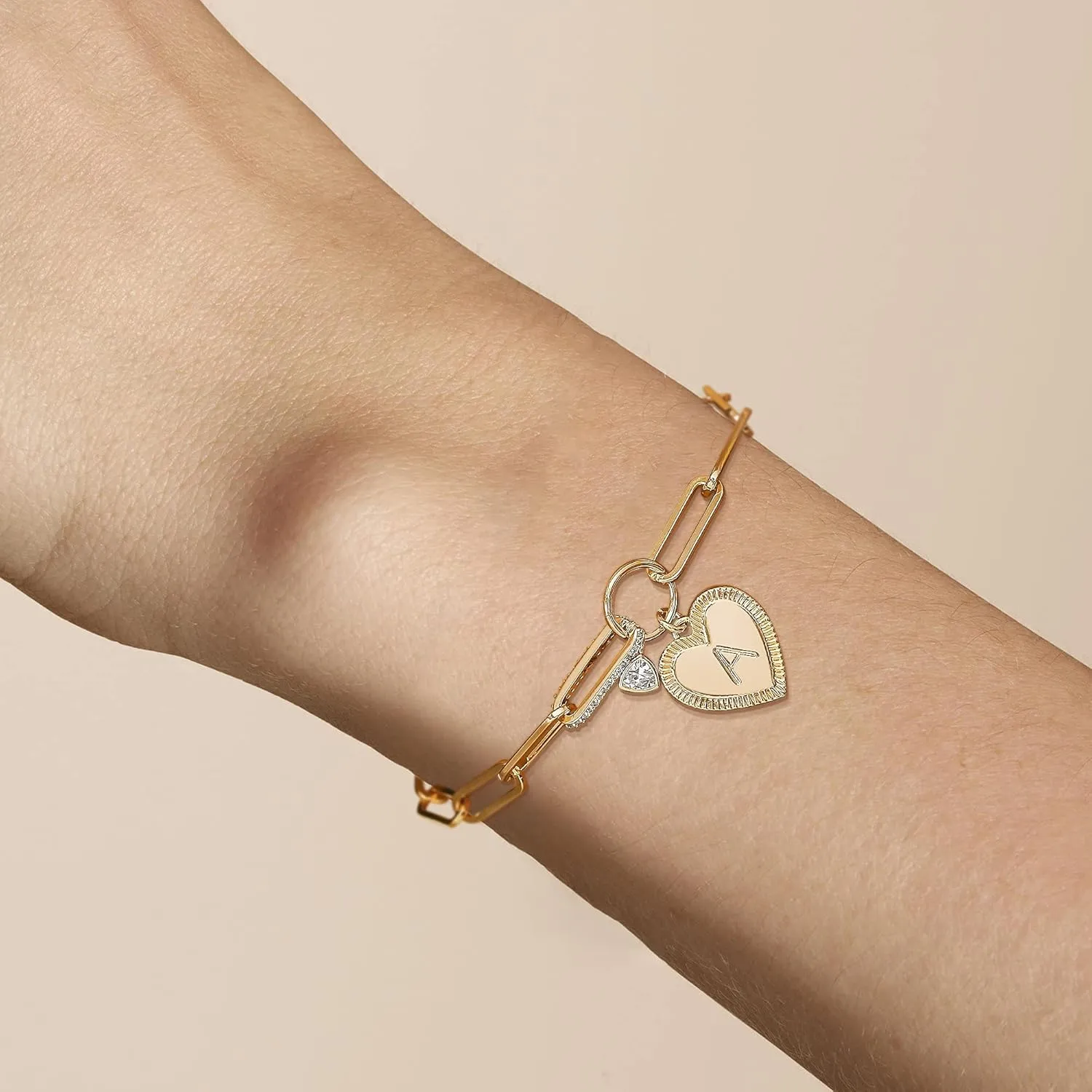 Bemoly Gold Bracelets for Women Dainty Initial Heart Paperclip Letter Bracelet Link Jewelry 14k Gold Plated Chunky Chain Friendship Bracelet