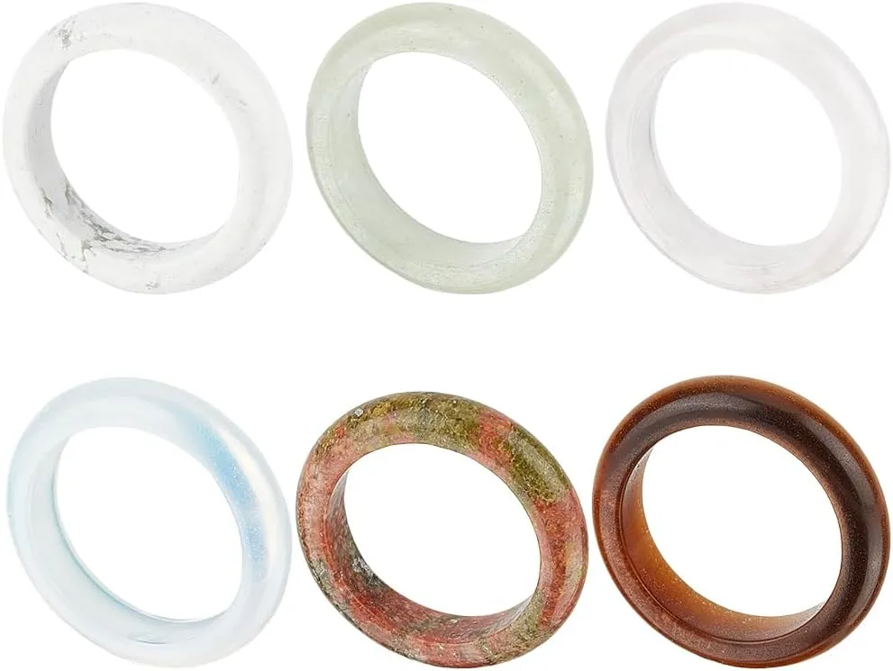 BENECREAT 6Pcs Natural Gmestone Finger Rings, Smooth Natural Gemstone Band Ring Round Donut Gemstone Rings(Hole: 0.76Inch) for Women Men Couple
