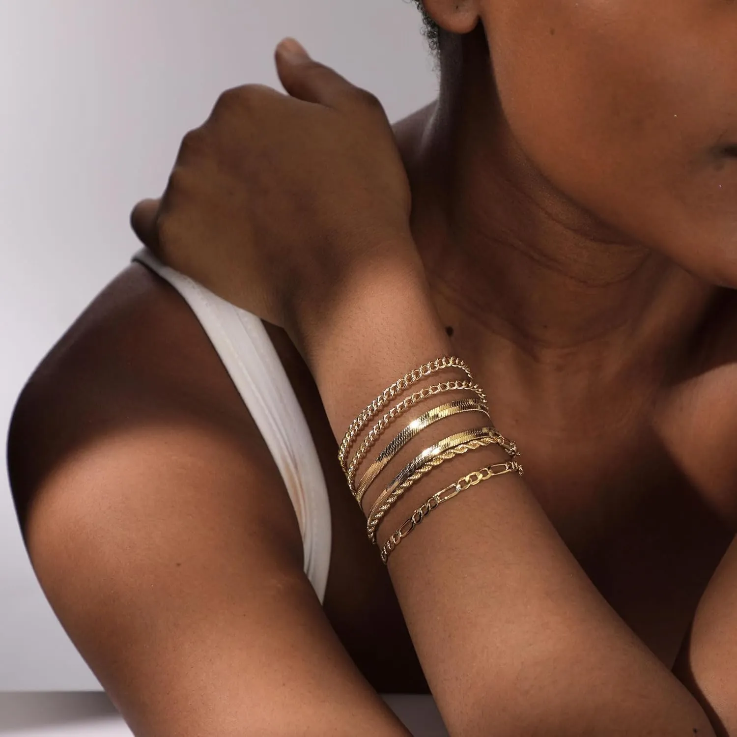 BERISO Gold Bracelets Sets for Women 14K Gold Plated Cuban Link Paperclip Chain Adjustable Layered Metal Link Bracelet Set Dainty Bracelet Pack Gifts for Women