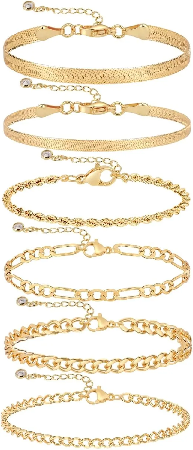 BERISO Gold Bracelets Sets for Women 14K Gold Plated Cuban Link Paperclip Chain Adjustable Layered Metal Link Bracelet Set Dainty Bracelet Pack Gifts for Women