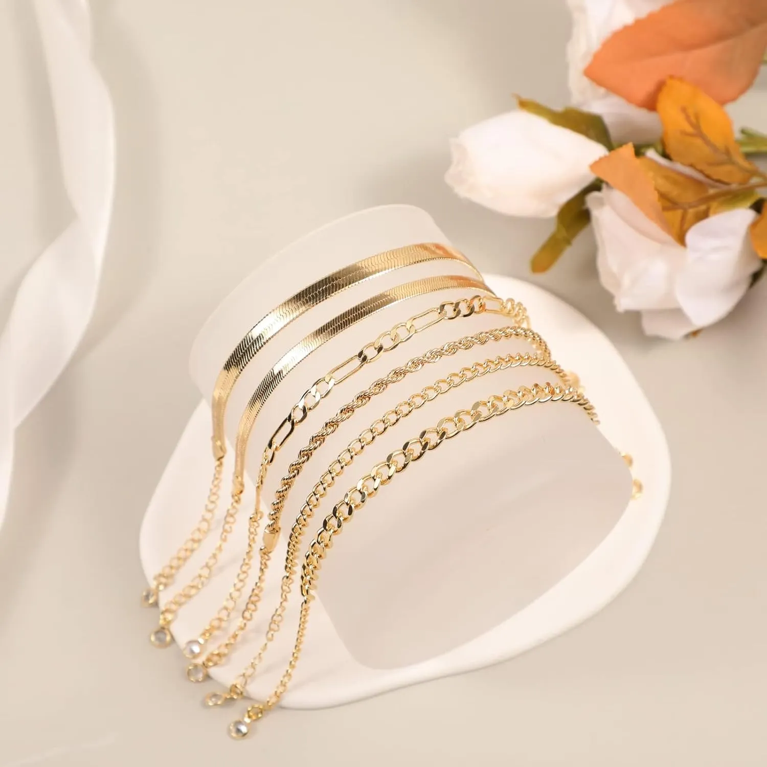 BERISO Gold Bracelets Sets for Women 14K Gold Plated Cuban Link Paperclip Chain Adjustable Layered Metal Link Bracelet Set Dainty Bracelet Pack Gifts for Women