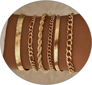 BERISO Gold Bracelets Sets for Women 14K Gold Plated Cuban Link Paperclip Chain Adjustable Layered Metal Link Bracelet Set Dainty Bracelet Pack Gifts for Women