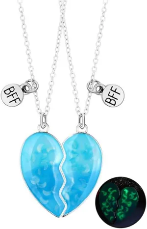 Best Friends Necklaces for 2, Heart Broken Luminous Pendant BFF Glow In the Dark Friendship Jewelry