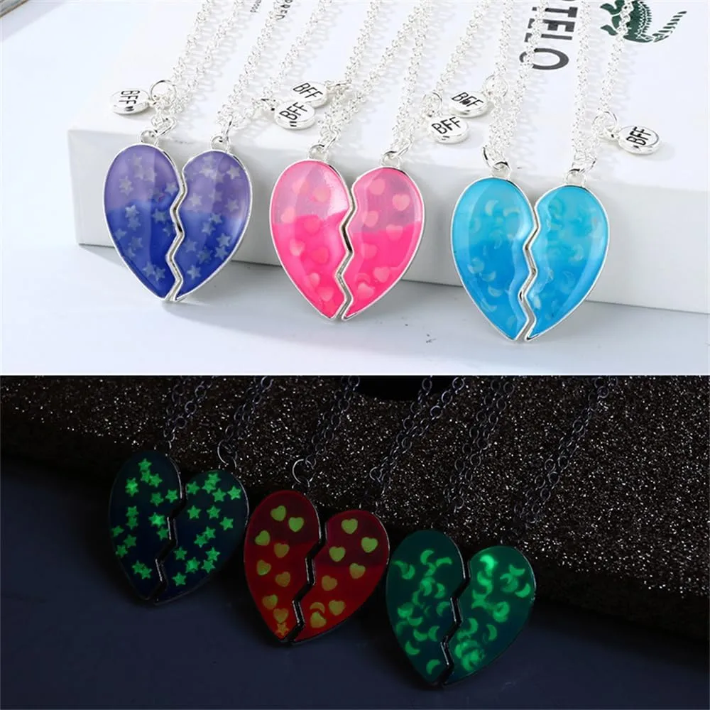 Best Friends Necklaces for 2, Heart Broken Luminous Pendant BFF Glow In the Dark Friendship Jewelry