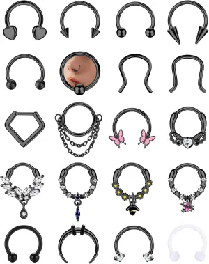 BESTEEL 20Pcs Gold Septum Rings 16G Small Septum Jewelry Surgical Steel Septum Clicker Dangle Nose Rings Hoops for Women Men Cute Star Bee CZ Heart Butterfly Chain Septum Rings Septum Piercing Jewelry