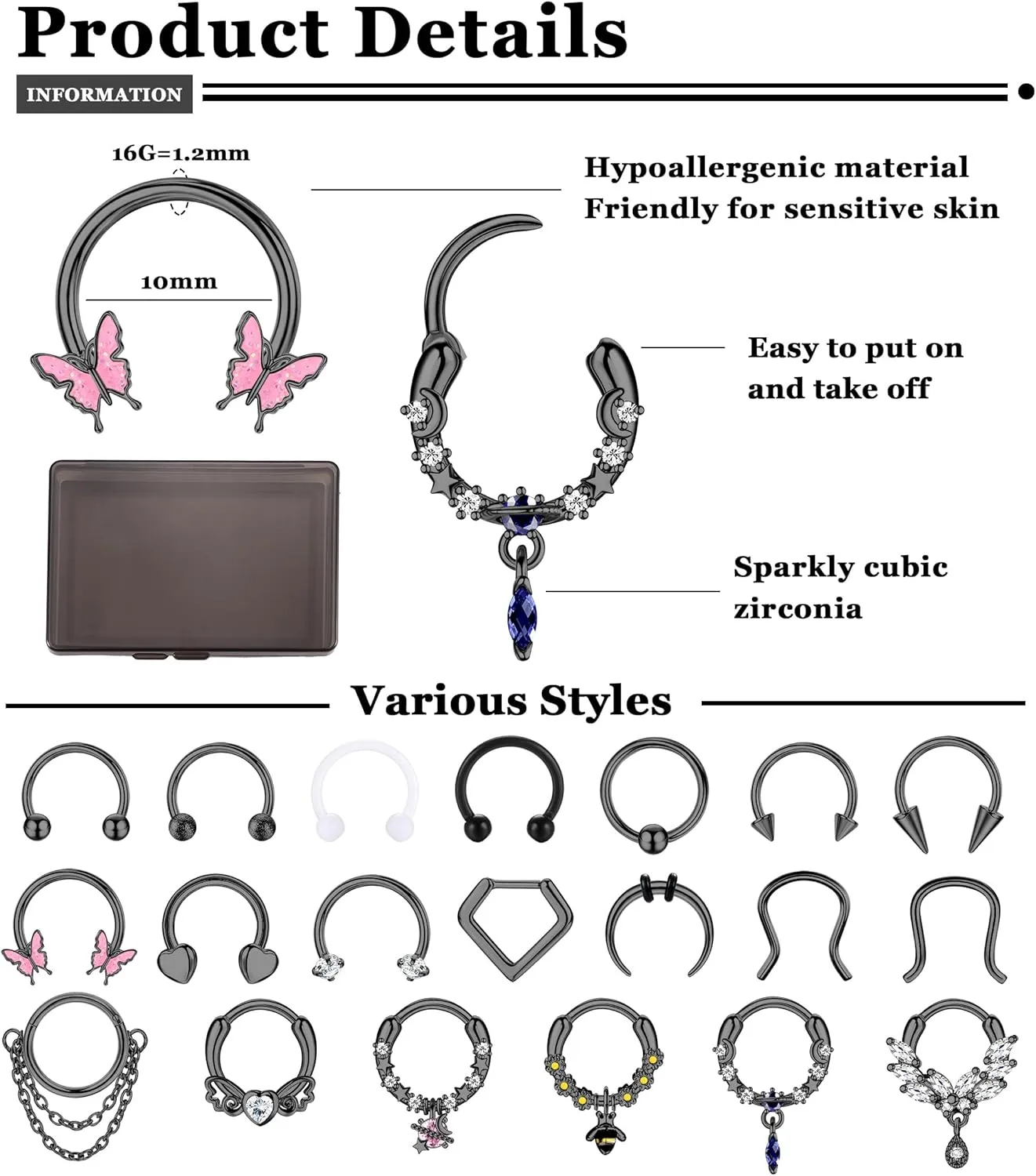 BESTEEL 20Pcs Gold Septum Rings 16G Small Septum Jewelry Surgical Steel Septum Clicker Dangle Nose Rings Hoops for Women Men Cute Star Bee CZ Heart Butterfly Chain Septum Rings Septum Piercing Jewelry