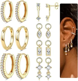Besteel Small Gold Hoop Earrings for Women  Hypoallergenic 14K Gold Plated Hoops Cartilage Earring Sets for Multiple Piercing Dainty Silver Huggie Stud Earring Stacks with Charm