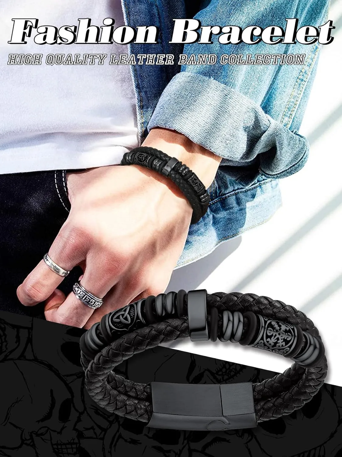 Bestyle Genuine Leather Braided Stainless Steel Bead Bracelets for Men, Fashion Mens Wrap Cuff Wirstband Bracelets with Closure, Size 7.5/8.3Inch