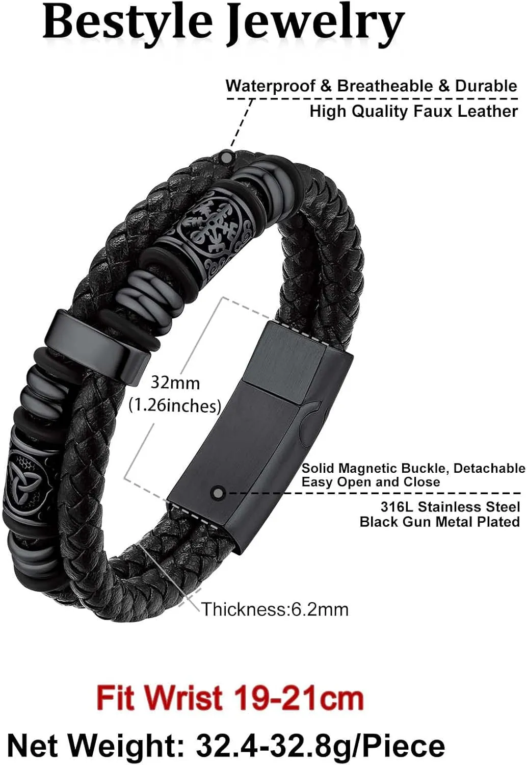 Bestyle Genuine Leather Braided Stainless Steel Bead Bracelets for Men, Fashion Mens Wrap Cuff Wirstband Bracelets with Closure, Size 7.5/8.3Inch