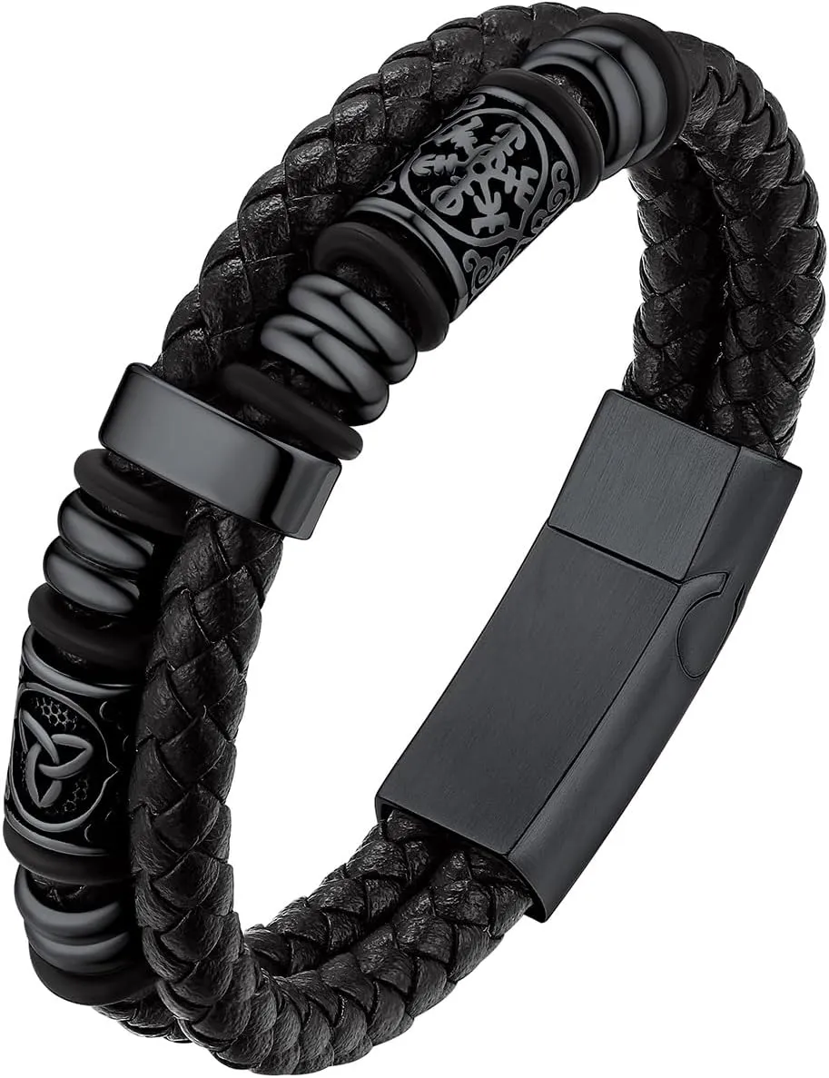 Bestyle Genuine Leather Braided Stainless Steel Bead Bracelets for Men, Fashion Mens Wrap Cuff Wirstband Bracelets with Closure, Size 7.5/8.3Inch