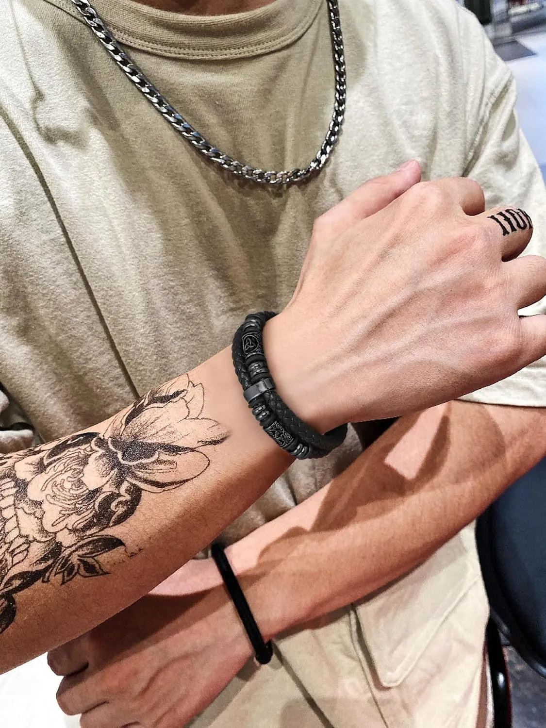 Bestyle Genuine Leather Braided Stainless Steel Bead Bracelets for Men, Fashion Mens Wrap Cuff Wirstband Bracelets with Closure, Size 7.5/8.3Inch