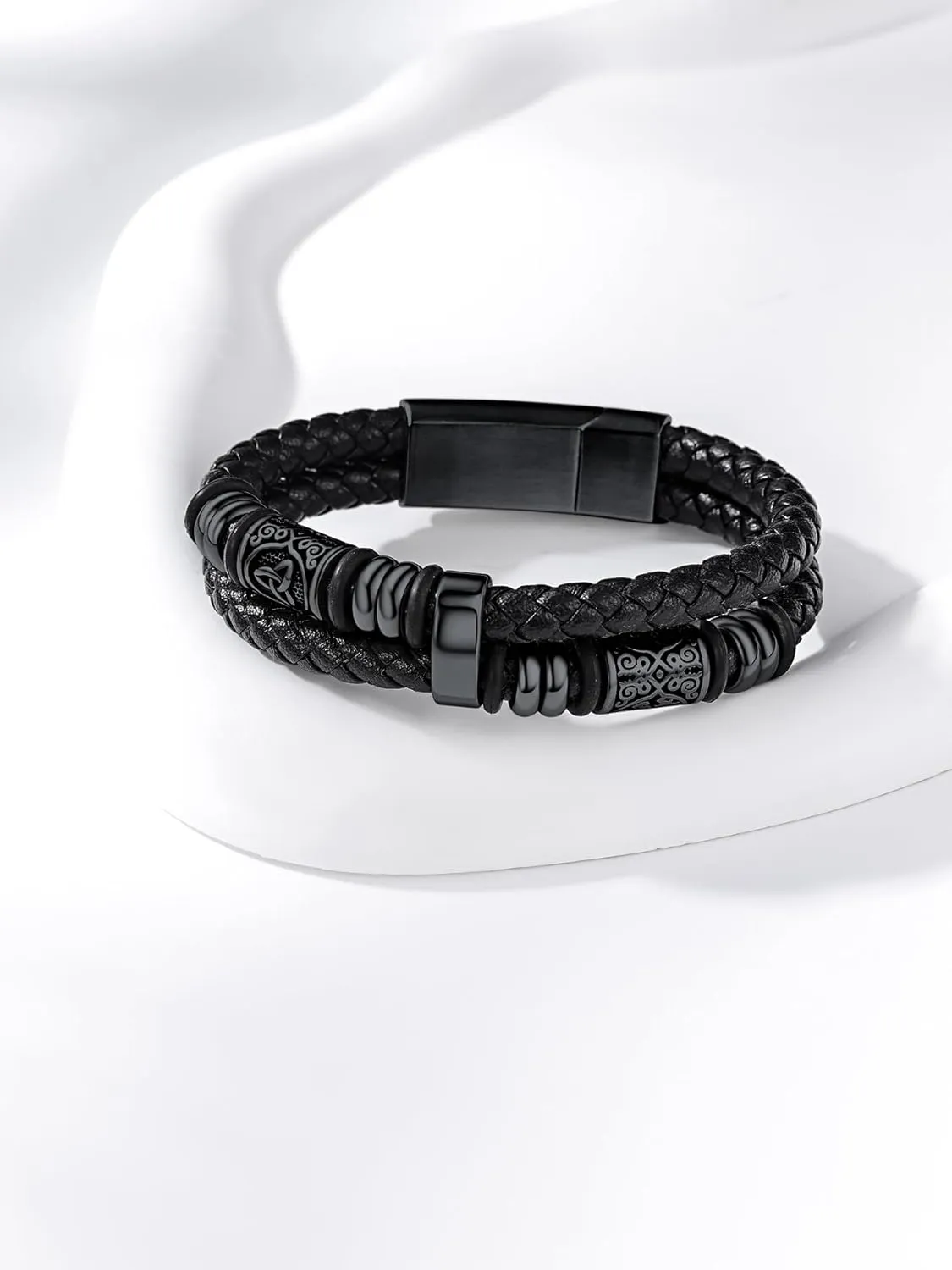 Bestyle Genuine Leather Braided Stainless Steel Bead Bracelets for Men, Fashion Mens Wrap Cuff Wirstband Bracelets with Closure, Size 7.5/8.3Inch