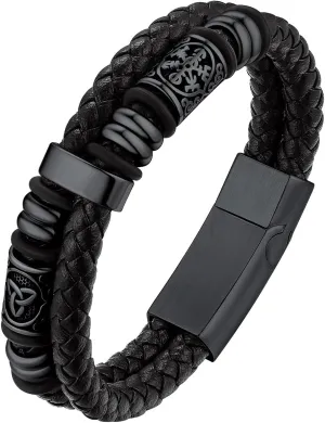 Bestyle Genuine Leather Braided Stainless Steel Bead Bracelets for Men, Fashion Mens Wrap Cuff Wirstband Bracelets with Closure, Size 7.5/8.3Inch