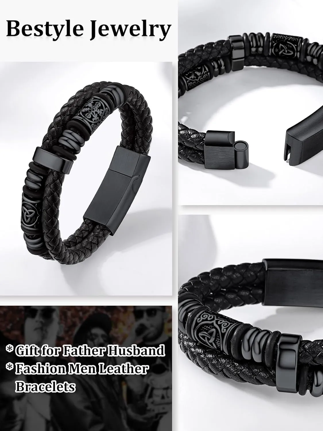 Bestyle Genuine Leather Braided Stainless Steel Bead Bracelets for Men, Fashion Mens Wrap Cuff Wirstband Bracelets with Closure, Size 7.5/8.3Inch