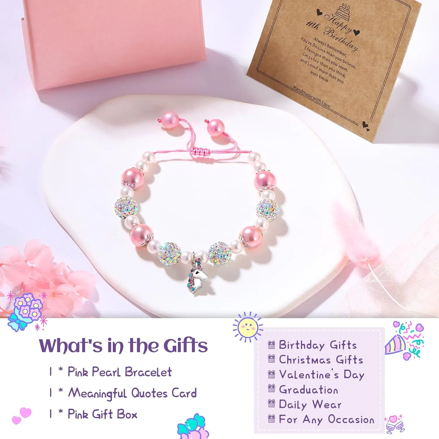 Birthday Gifts for Little Girls, Adjustable Sparkling Delicate Pink Charm Cute Bracelet for Teen Girls 4-12 Year Old for Daughter Granddaughter Niece Sister Teens Friends