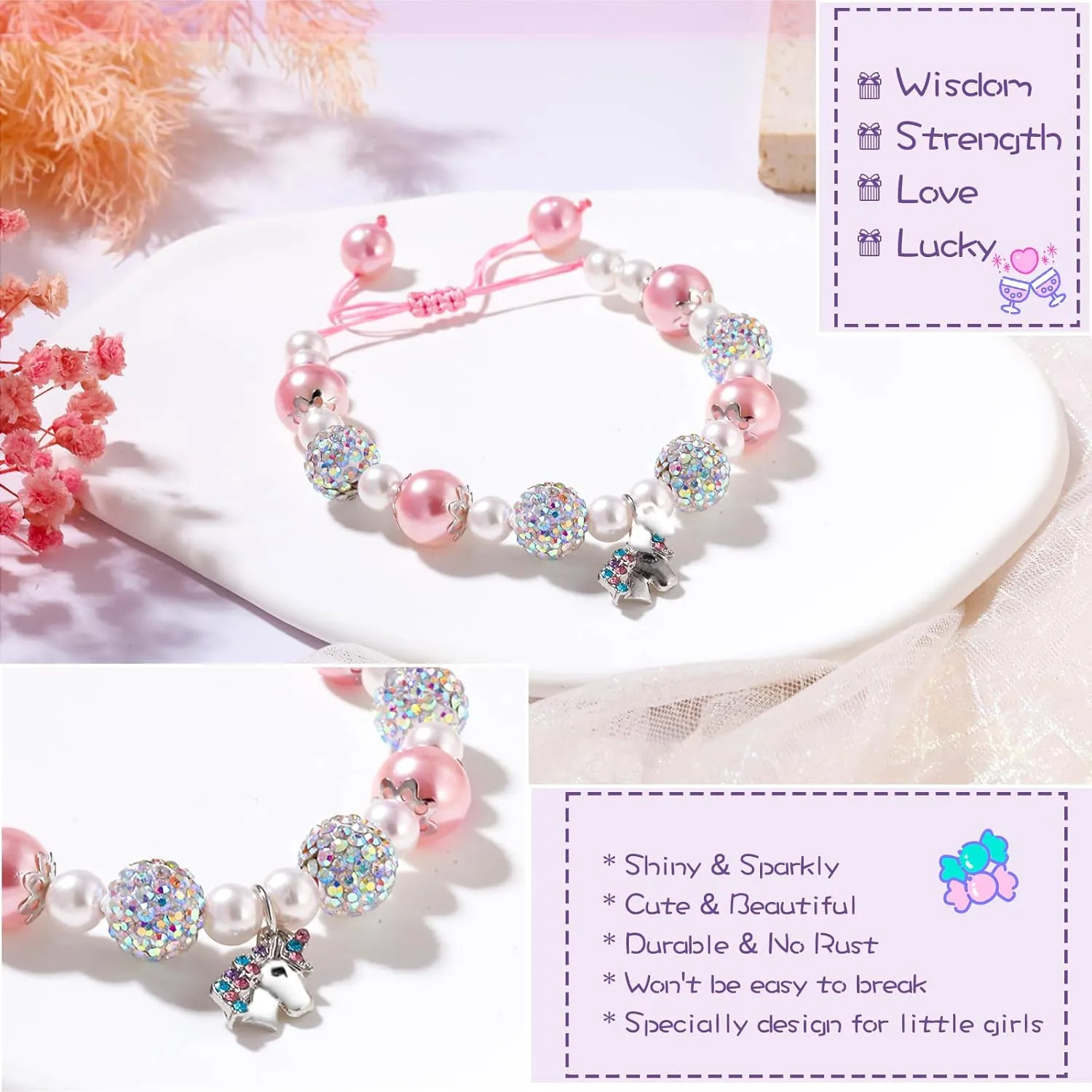 Birthday Gifts for Little Girls, Adjustable Sparkling Delicate Pink Charm Cute Bracelet for Teen Girls 4-12 Year Old for Daughter Granddaughter Niece Sister Teens Friends