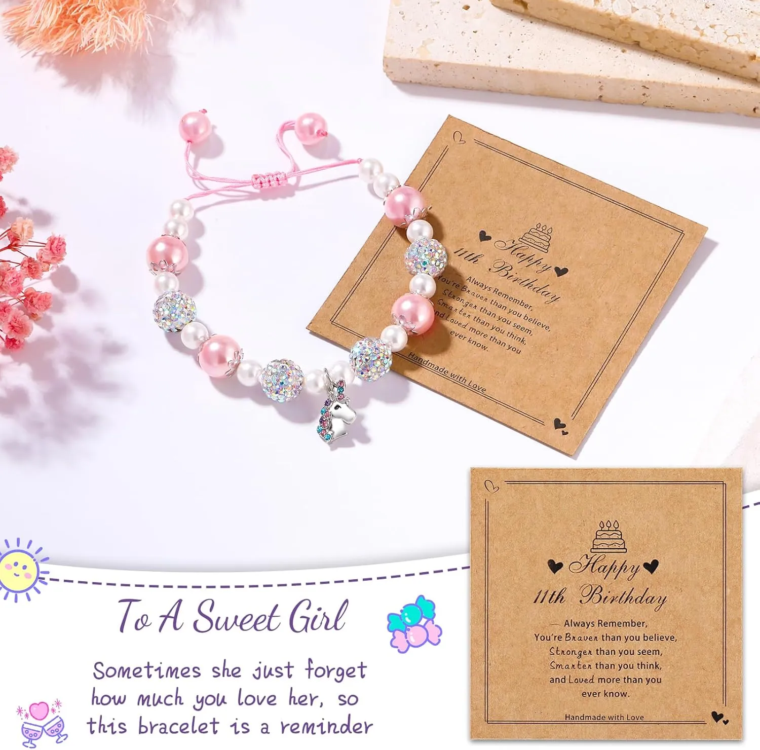 Birthday Gifts for Little Girls, Adjustable Sparkling Delicate Pink Charm Cute Bracelet for Teen Girls 4-12 Year Old for Daughter Granddaughter Niece Sister Teens Friends
