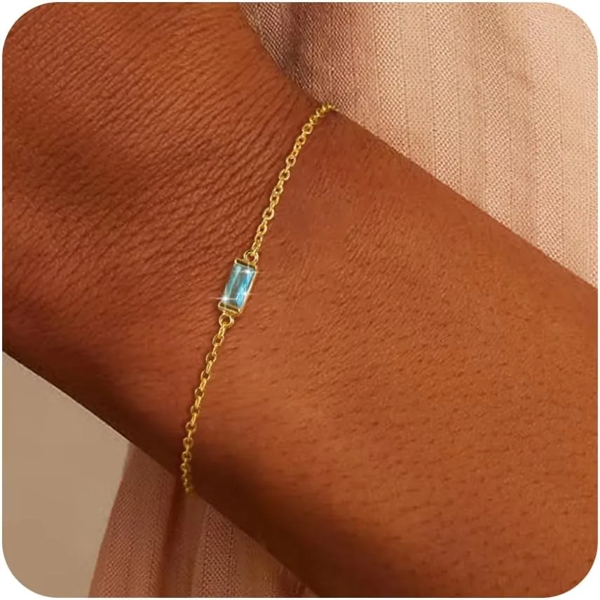 Birthstone Gold Bracelets for Women: Dainty Chain Bracelet 14k Gold Plated Link Birth Stone Charm Bracelets Thin Adiustable Chain for Women Fashion Trendy Gold Jewelry Gifts for Mom Friend