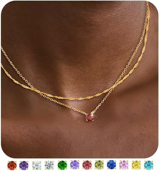Birthstone Necklace for Women Teen Girls Trendy Layered CZ Diamond Necklaces Set Dainty Gold Necklace Non Tarnish Emerald Green Red Pendant Necklaces Birthday Gifts for Women Mothers Jewelry