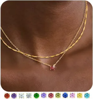 Birthstone Necklace for Women Teen Girls Trendy Layered CZ Diamond Necklaces Set Dainty Gold Necklace Non Tarnish Emerald Green Red Pendant Necklaces Birthday Gifts for Women Mothers Jewelry