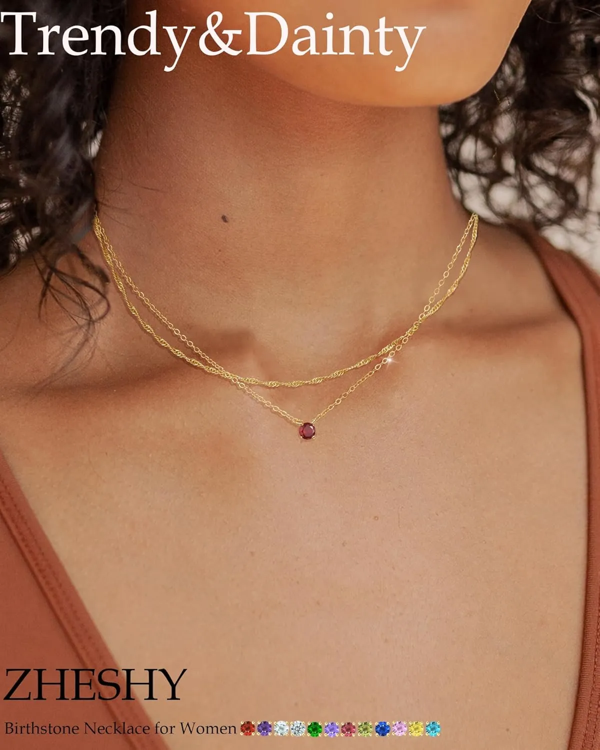 Birthstone Necklace for Women Teen Girls Trendy Layered CZ Diamond Necklaces Set Dainty Gold Necklace Non Tarnish Emerald Green Red Pendant Necklaces Birthday Gifts for Women Mothers Jewelry