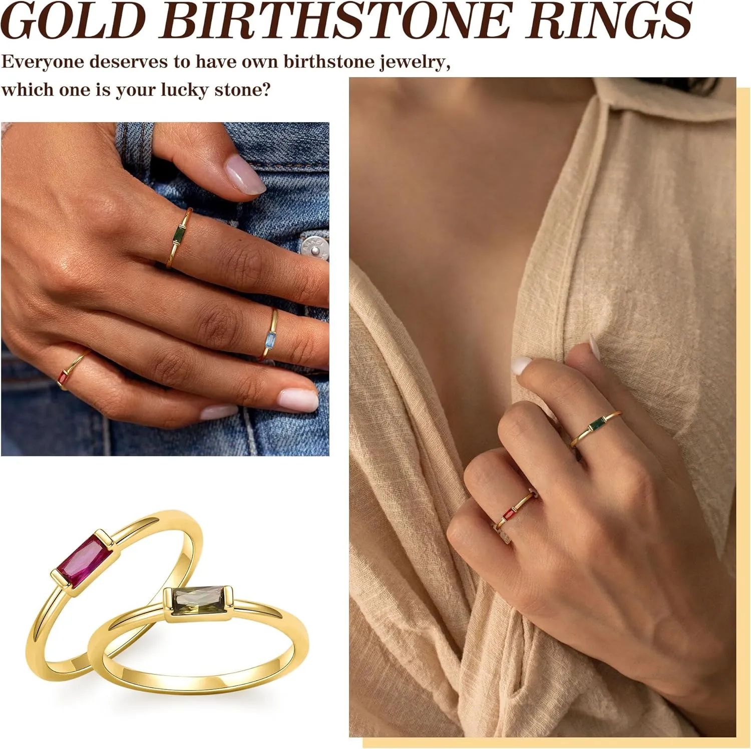 Birthstone Rings for Women, Birthday Gifts for Teen Dainty 14K Gold Plated Rings Stocking Stuffers for Teens 1-12 Months Birthstone Rings Size 5-10# Anniversary Christmas Gift Birthstone Jewelry