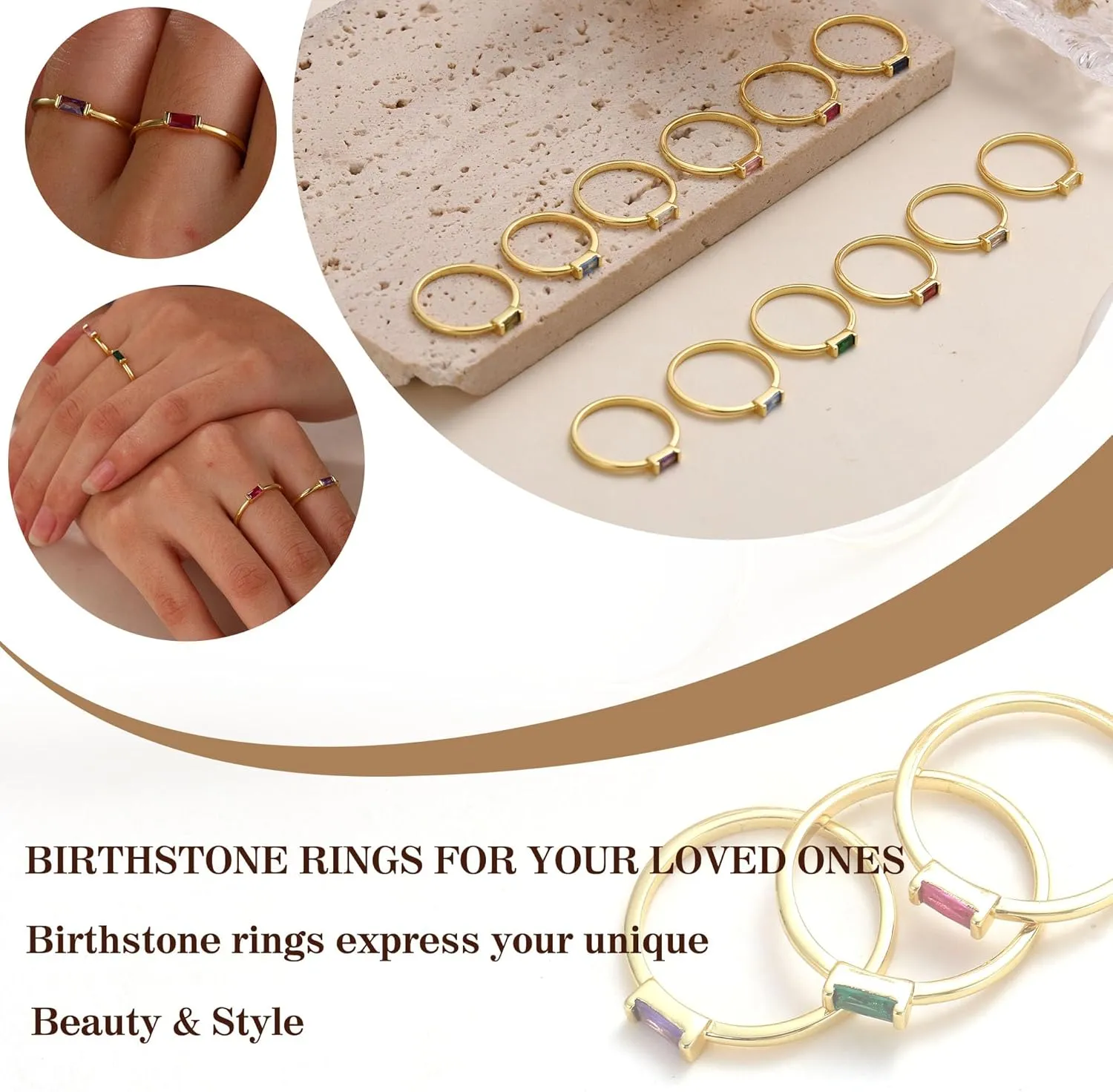 Birthstone Rings for Women, Birthday Gifts for Teen Dainty 14K Gold Plated Rings Stocking Stuffers for Teens 1-12 Months Birthstone Rings Size 5-10# Anniversary Christmas Gift Birthstone Jewelry