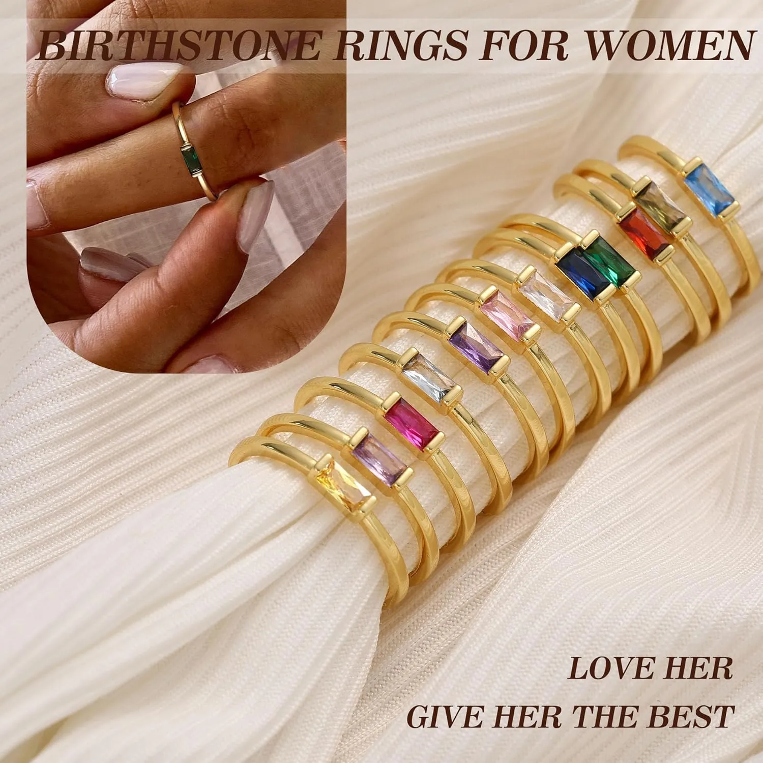Birthstone Rings for Women, Birthday Gifts for Teen Dainty 14K Gold Plated Rings Stocking Stuffers for Teens 1-12 Months Birthstone Rings Size 5-10# Anniversary Christmas Gift Birthstone Jewelry