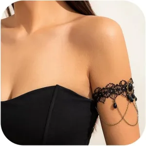 Black Crystal Pendant Upper Arm Chain Bracelet Multi-layer Tassel Armlet Gothic Crystal Adjustable Open Arm Cuff Bangle Bracelets Summer Beach Body Jewelry for Women