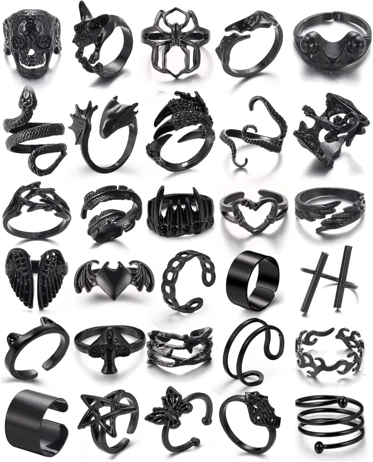 Black Gothic Vintage Rings Set - 20-30 PCS Cool Punk Jewelry with Snake, Butterfly, and Star Stacking Rings, Gift for Men, Women, Boys