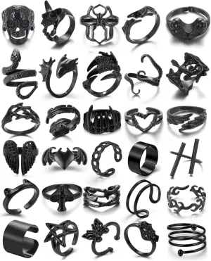Black Gothic Vintage Rings Set - 20-30 PCS Cool Punk Jewelry with Snake, Butterfly, and Star Stacking Rings, Gift for Men, Women, Boys