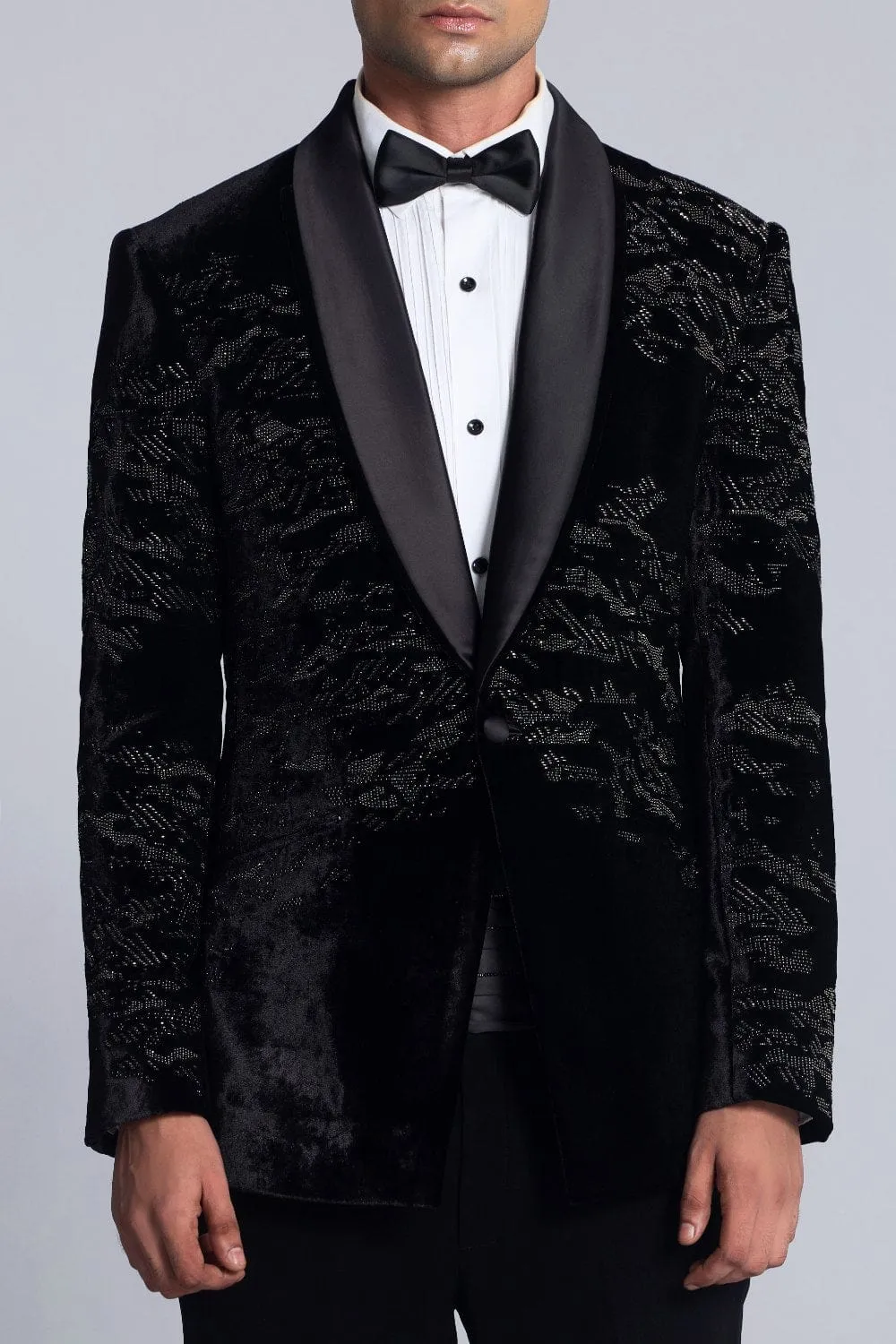 Black velvet Pearl Embroidered Tuxedo Sets