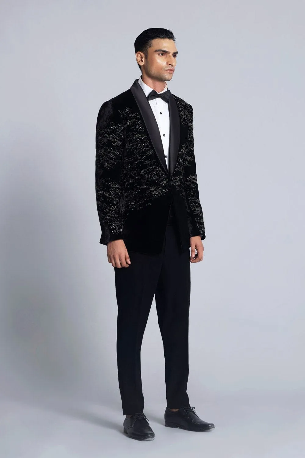 Black velvet Pearl Embroidered Tuxedo Sets