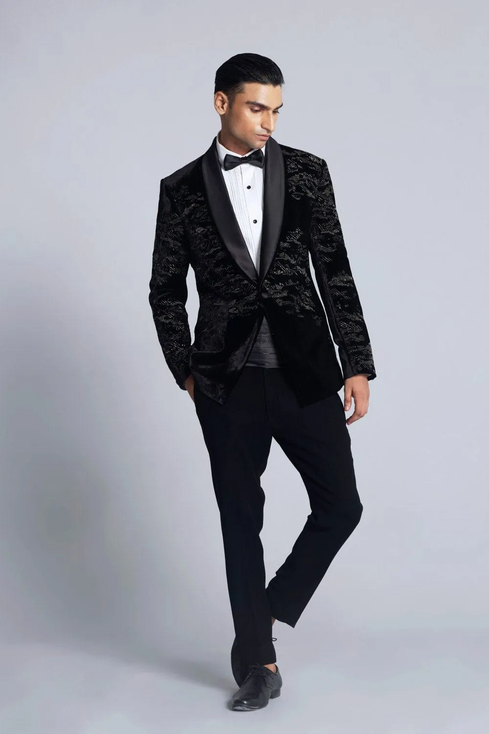 Black velvet Pearl Embroidered Tuxedo Sets