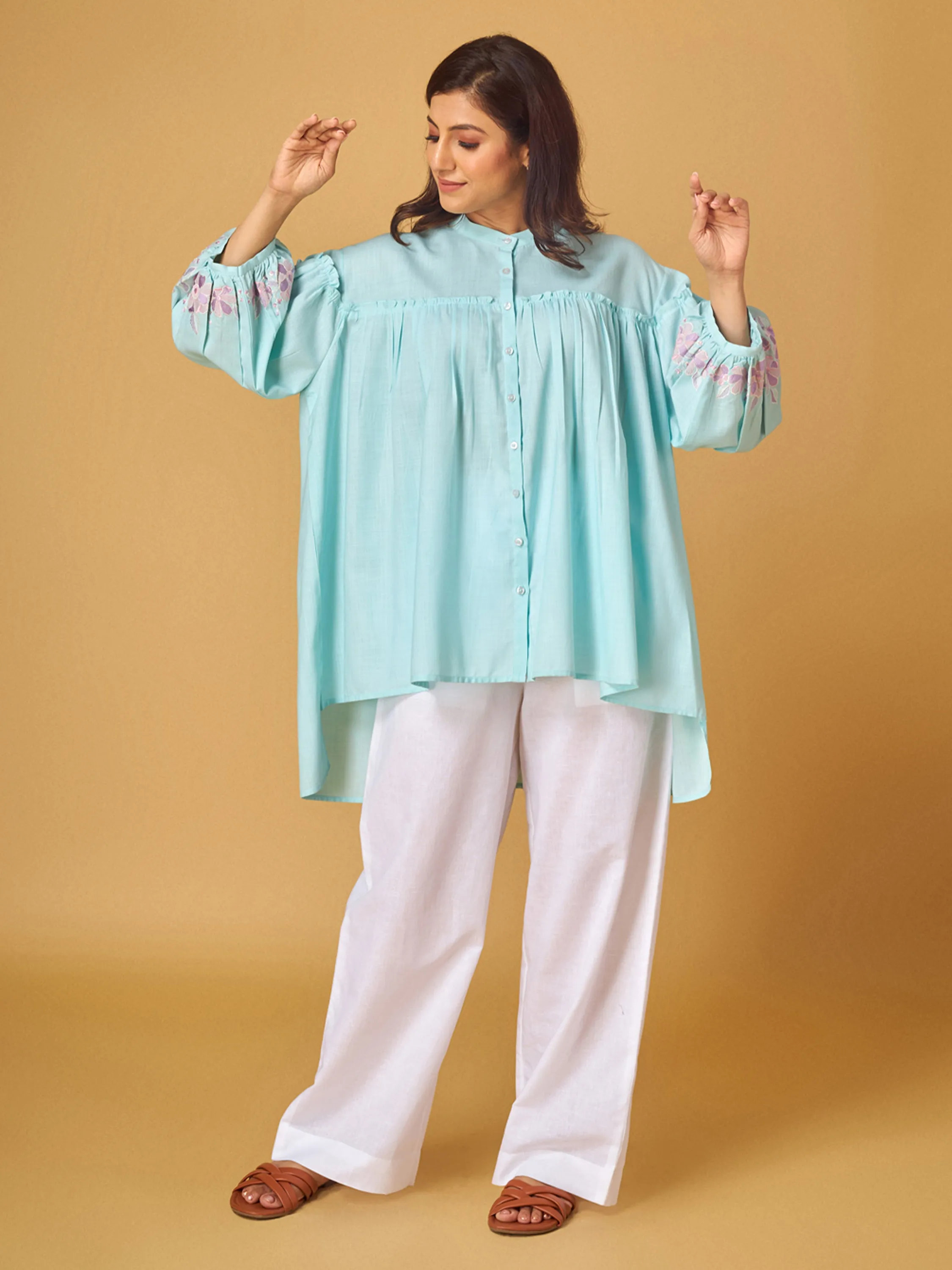 Blue Light Embroidered Cotton Linen Shirt with Thread Work