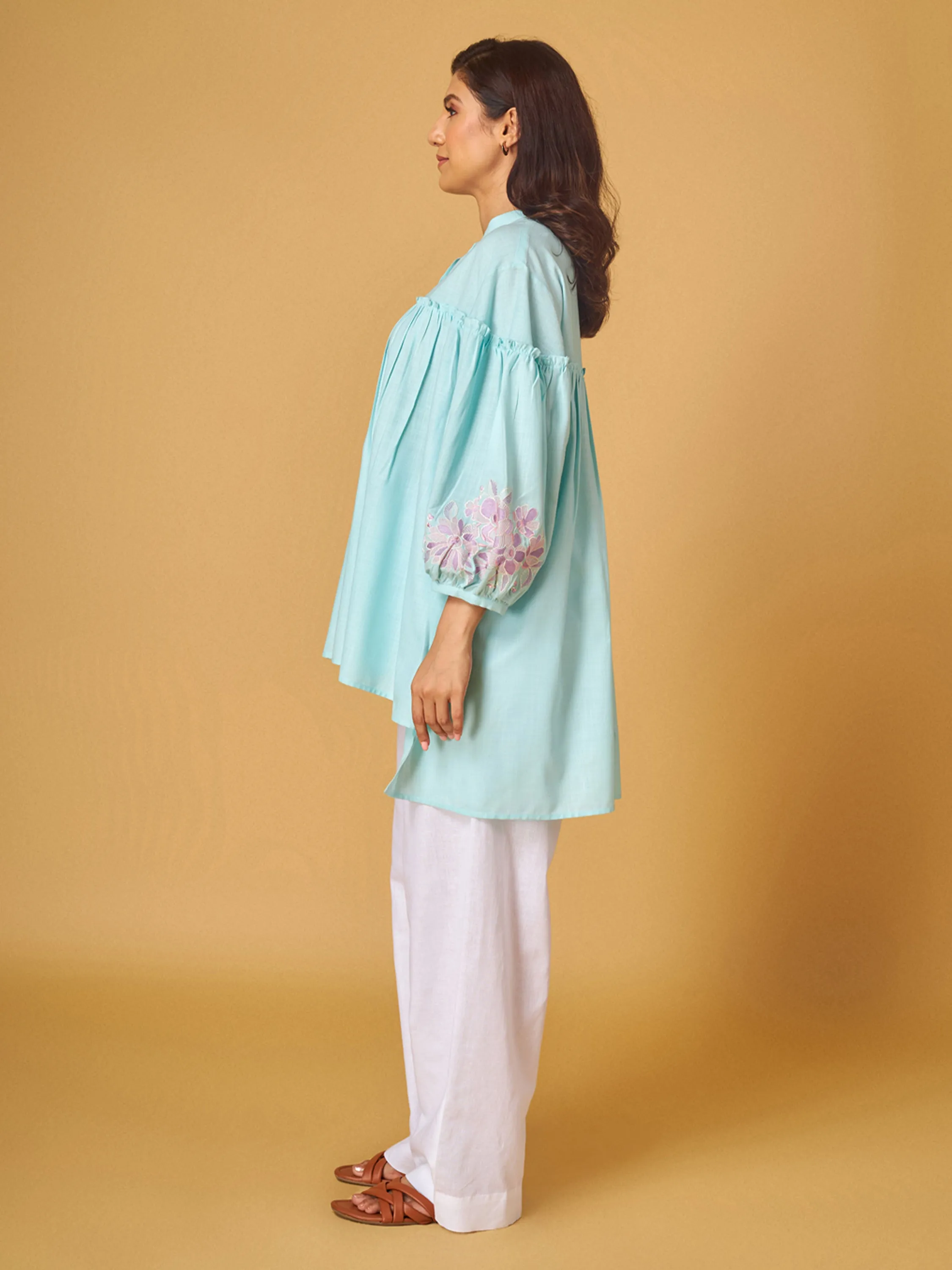 Blue Light Embroidered Cotton Linen Shirt with Thread Work
