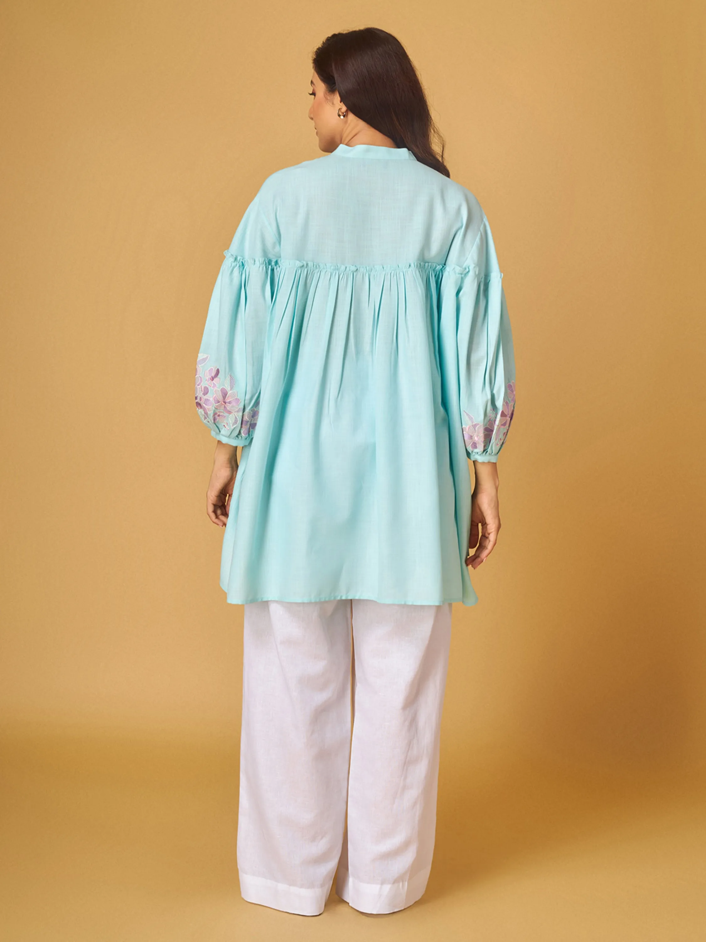 Blue Light Embroidered Cotton Linen Shirt with Thread Work