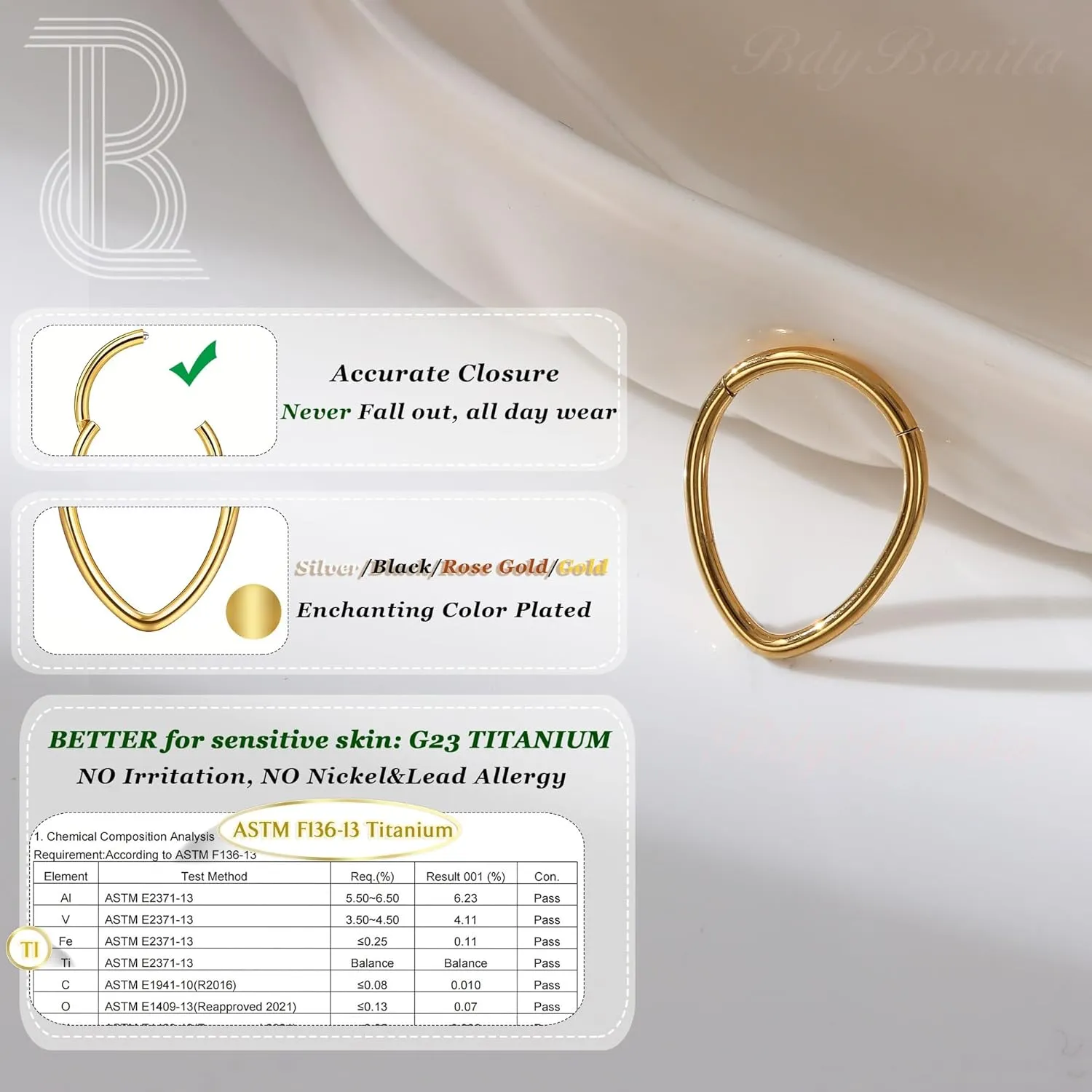 BodyBonita 16G Teardrop Septum Rings - G23 Titanium Nose Rings Hoops Seamless Hinged Cartilage Conch Daith Helix Rook Earrings Piercings Septum Jewelry for Women Men Gold/Silver/Black/Rose Gold