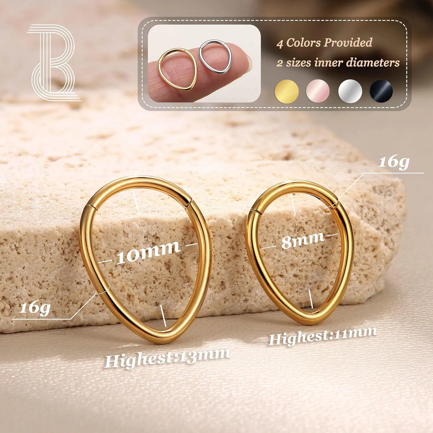 BodyBonita 16G Teardrop Septum Rings - G23 Titanium Nose Rings Hoops Seamless Hinged Cartilage Conch Daith Helix Rook Earrings Piercings Septum Jewelry for Women Men Gold/Silver/Black/Rose Gold