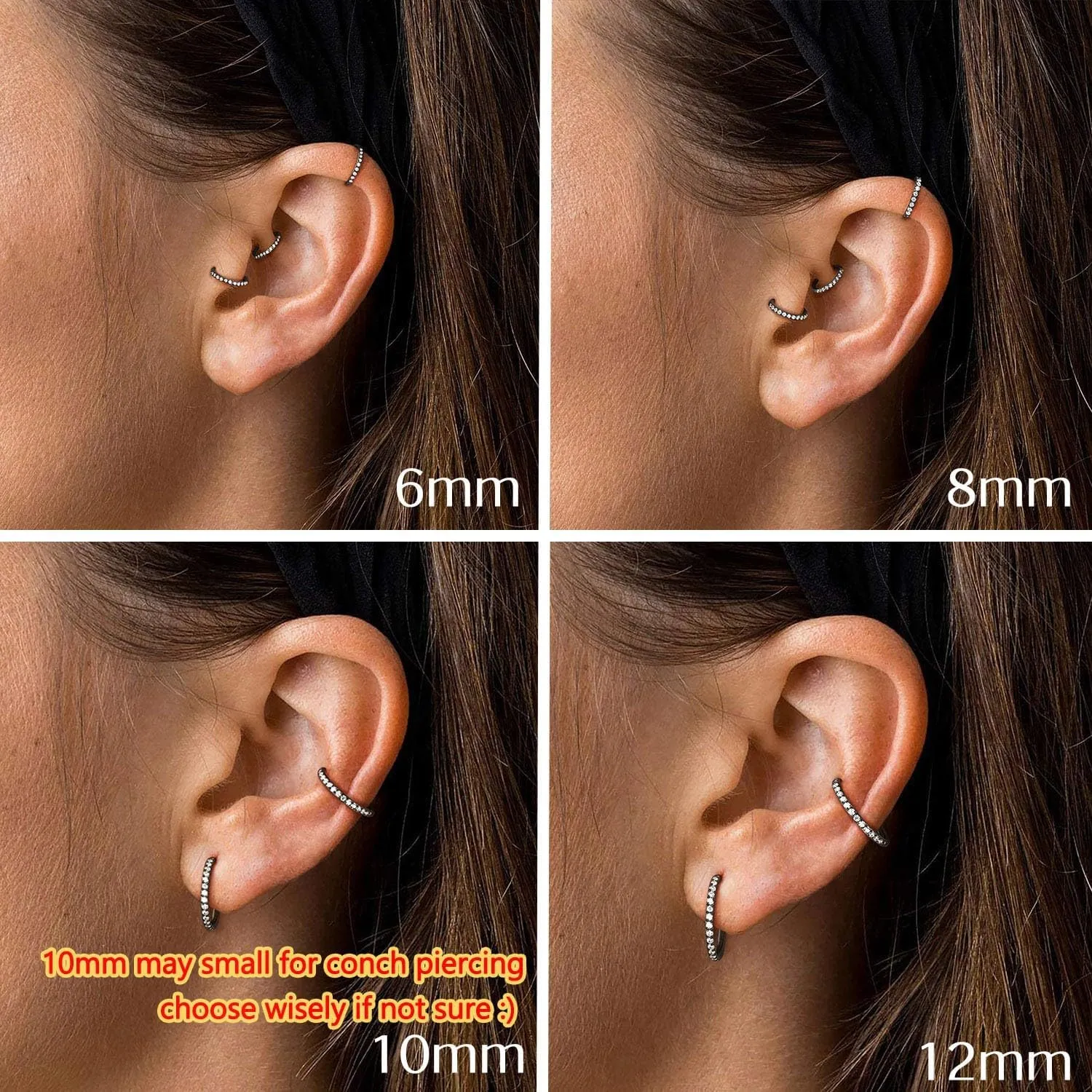 BodyBonita Clear CZ Nose Rings Hoop - 316L Surgical Steel Body Piercing Hoop Clicker 20G/18G/16G Earrings Jewelry Cartilage Helix Rook Tragus Conch Daith Ring 6/7/8/9/10/11/12mm - Gold/Silver/Black