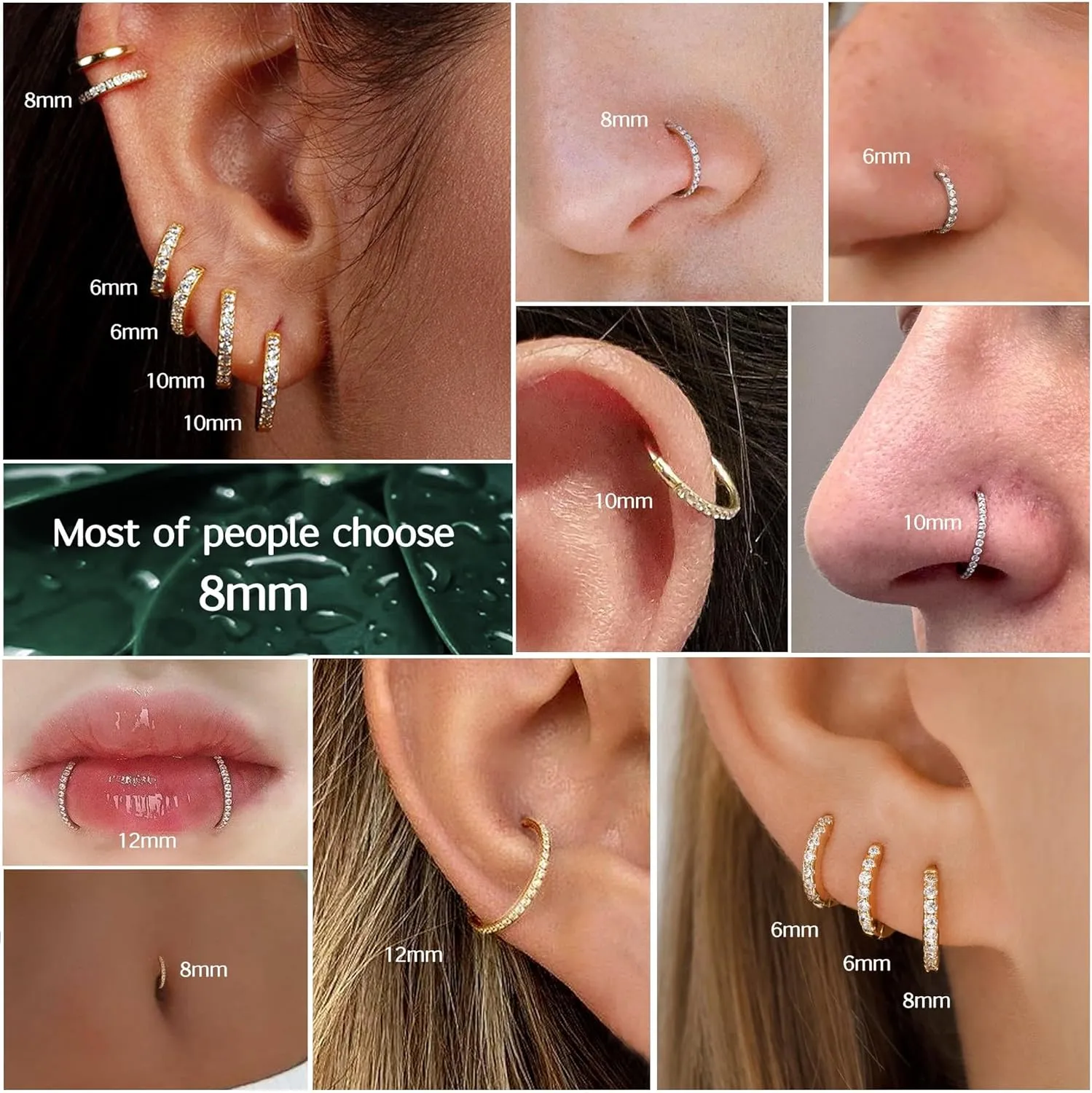 BodyBonita Clear CZ Nose Rings Hoop - 316L Surgical Steel Body Piercing Hoop Clicker 20G/18G/16G Earrings Jewelry Cartilage Helix Rook Tragus Conch Daith Ring 6/7/8/9/10/11/12mm - Gold/Silver/Black