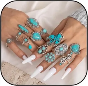 Bohemian Turquoise Ring for Women Boho Stackable Knuckle Rings Set Turquoise Finger Ring Vintage Oval Flower Starfish Teardrop Midi Ring Western Rings Jewelry