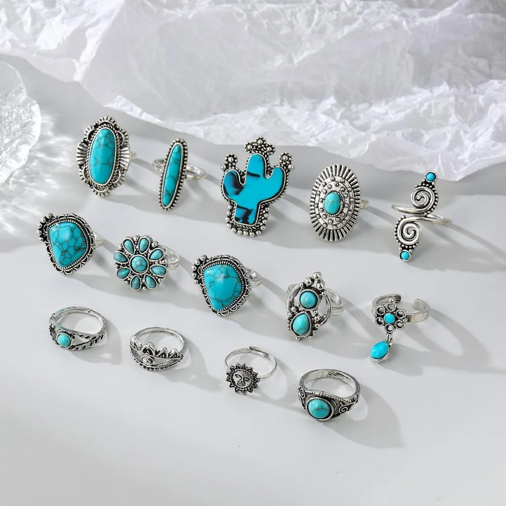 Bohemian Turquoise Ring for Women Boho Stackable Knuckle Rings Set Turquoise Finger Ring Vintage Oval Flower Starfish Teardrop Midi Ring Western Rings Jewelry