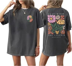 Boho Christian Shirts Women Flourish Like Flower T Shirt Jesus Gifts Short Sleeve Religion Oversized Tee Top