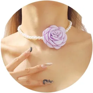 Boho Flower Pearl Choker Necklace for Women Choker,Rose Flower Pearl Beaded Necklace Collar Pearl Trendy Bride Jewelry Gifts