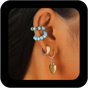 Boho Heart Huggie Hoop Earrings Gold Heart Dangle Earrings Blue Crystal Ear Cuff Earrings Cz Cuff Wrap Earrings Faux Sapphire Earrings Jewelry for Women