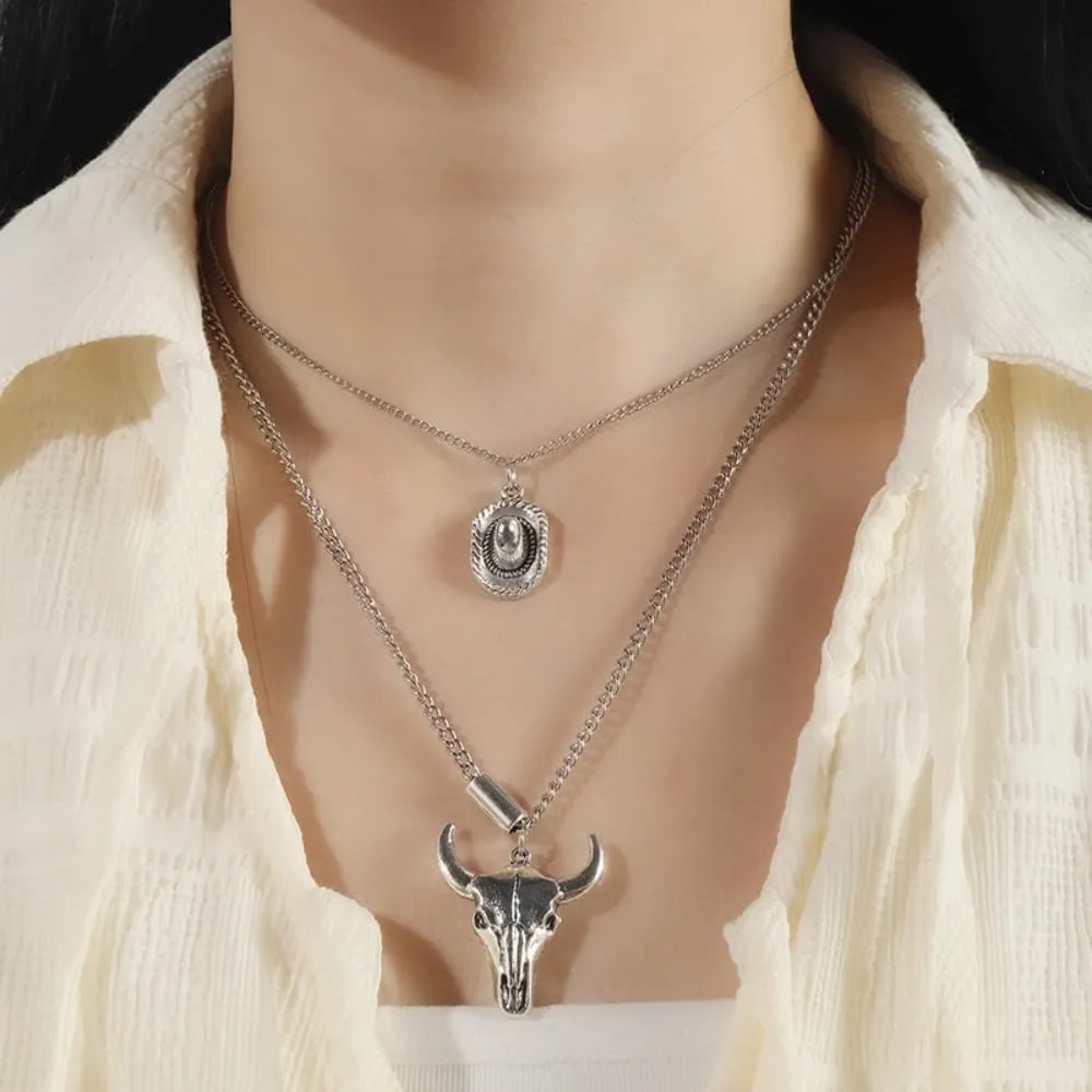 Boho Layered Necklace for Women,Western Women Pendant Necklaces,Evil Eye Bull Head Necklace,Retro Jewelry Party Decor